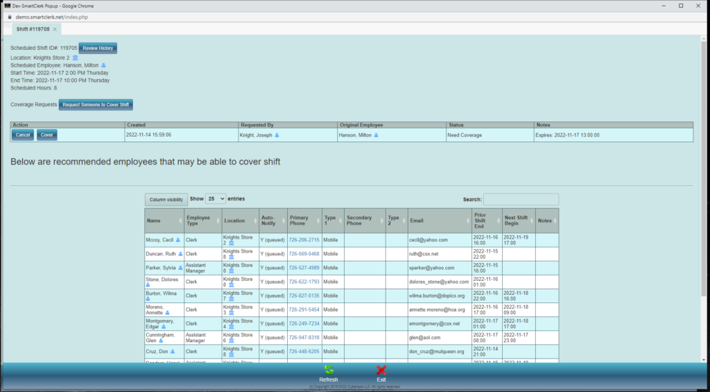 Screenshot showing shift details and how easy it is to request coverage or assign an employee.